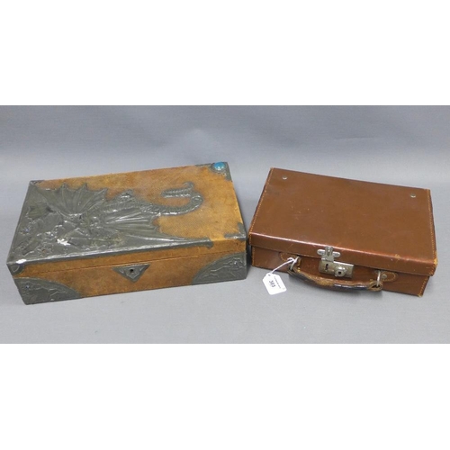 365 - Early 20th century pewter mounted rectangular box with dragon pattern and a small brown leather case... 