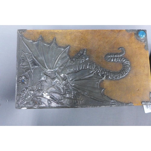 365 - Early 20th century pewter mounted rectangular box with dragon pattern and a small brown leather case... 