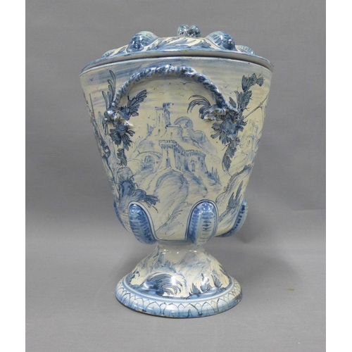 368 - 19th century Italian tin glazed urn and cover of large proportions, 39cm high