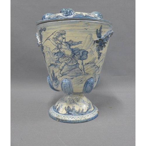 368 - 19th century Italian tin glazed urn and cover of large proportions, 39cm high