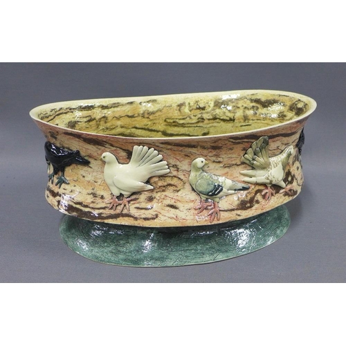 374 - Anna Lambert oval pottery bowl with a birds pattern, signed, 35cm long