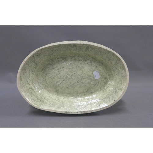 374 - Anna Lambert oval pottery bowl with a birds pattern, signed, 35cm long