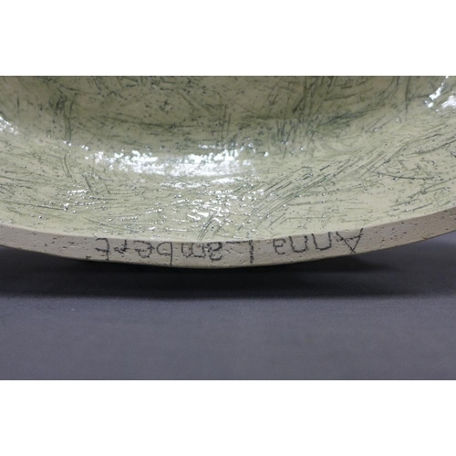 374 - Anna Lambert oval pottery bowl with a birds pattern, signed, 35cm long