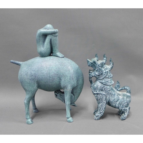 377 - Contemporary blue glazed pottery horse and figure group, signed Bridge and dated 1998, repaired, tog... 