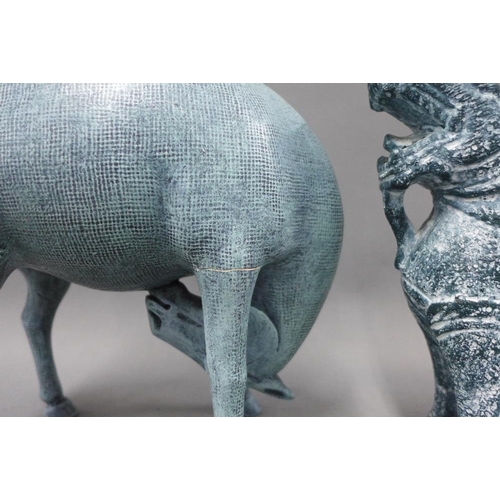 377 - Contemporary blue glazed pottery horse and figure group, signed Bridge and dated 1998, repaired, tog... 