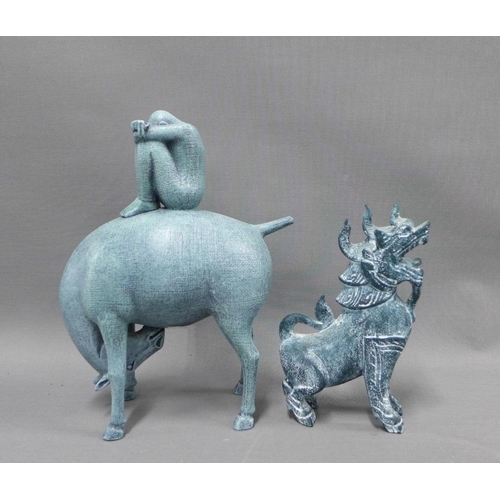 377 - Contemporary blue glazed pottery horse and figure group, signed Bridge and dated 1998, repaired, tog... 