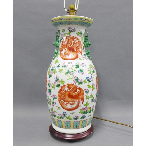 380 - Large Chinese famille vert table lamp on a wooden base, height excluding fitting 50cm