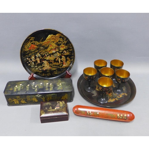 382 - Chinese and Japanese lacquered and papier mache items to include a glove box, pen tray, goblets, tra... 