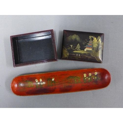 382 - Chinese and Japanese lacquered and papier mache items to include a glove box, pen tray, goblets, tra... 