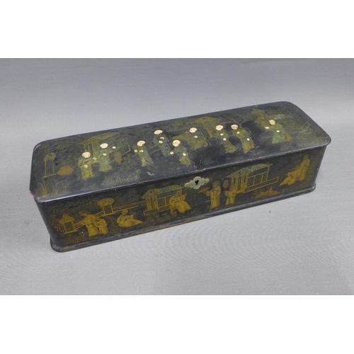 382 - Chinese and Japanese lacquered and papier mache items to include a glove box, pen tray, goblets, tra... 