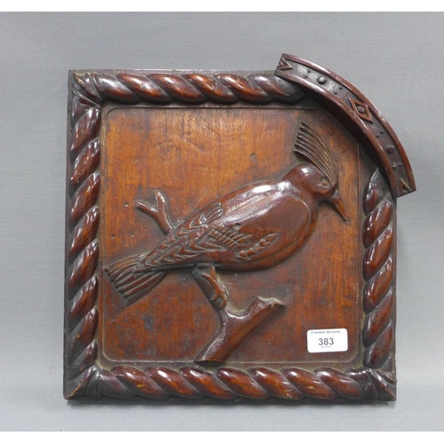 383 - Carved mahogany panel depicting a bird within a rope twist border, 32 x 33cm