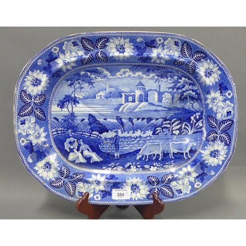 384 - 19th century Spode blue and white transfer printed meat dish and another, largest 52cm (2)