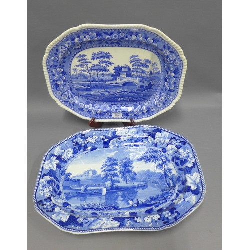 385 - 19th century Staffordshire blue and white transfer meat dish and another smaller by Spode, largest 5... 