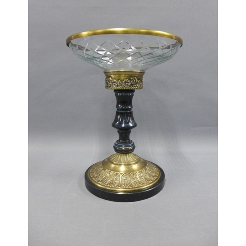 389 - Table centre piece with a cut glass bowl on a hardstone column with brass mounts, 33cm