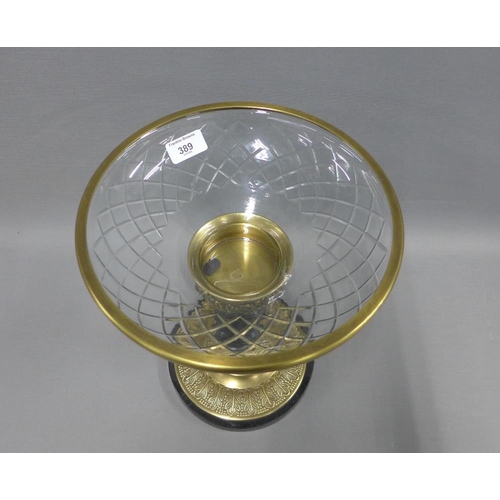 389 - Table centre piece with a cut glass bowl on a hardstone column with brass mounts, 33cm