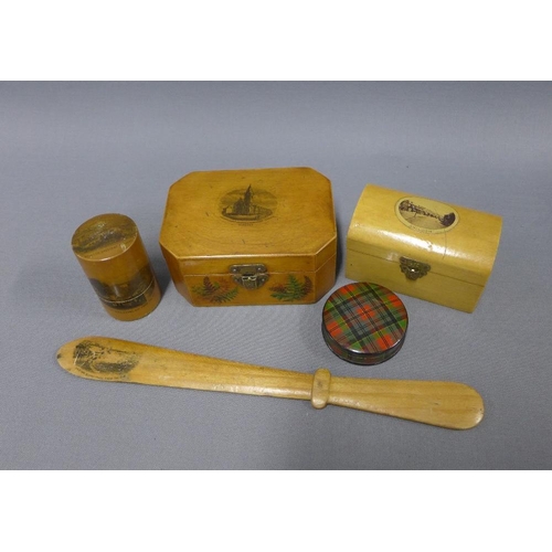 393 - Small Tartanware circular  box and a collection of Mauchline Ware items to include a page turner and... 