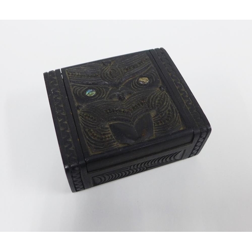 407 - Maori carved Tapu wooden box with inset abalone shell, 10 x 9cm