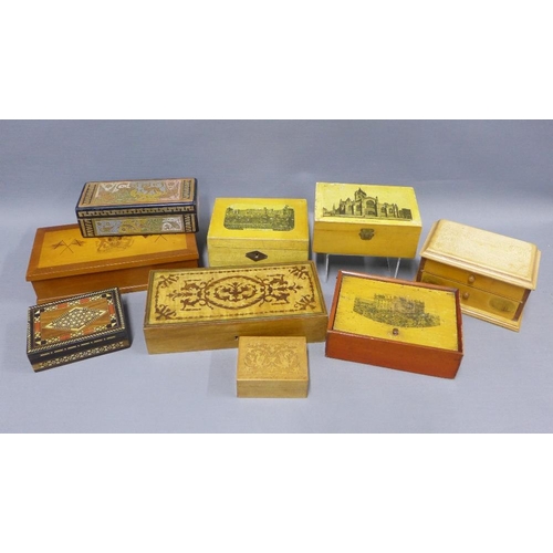 410 - Four large Mauchline ware boxes, one with a view of St Giles Cathedral, together with a collection o... 