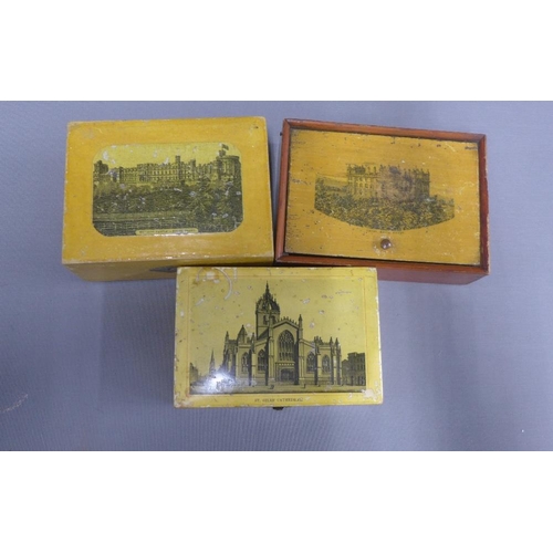 410 - Four large Mauchline ware boxes, one with a view of St Giles Cathedral, together with a collection o... 