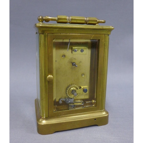 413 - French carriage clock, brass cased with glass panels, enamel dial with Roman numerals height includi... 