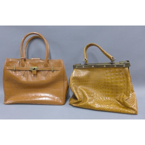 416 - A collection of faux animal skin handbags, a vintage suitcase and a tapestry style Gladstone bag, (a... 