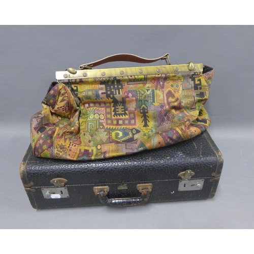 416 - A collection of faux animal skin handbags, a vintage suitcase and a tapestry style Gladstone bag, (a... 