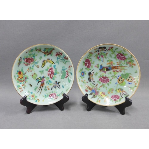 100 - Two Chinese celadon glazed plates with butterflies and bird pattern, 19cm, (2)