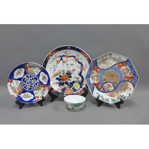 109 - Two Imari chargers another smaller and an Imari octagonal plate and a Famille Verte bowl,  largest 3... 