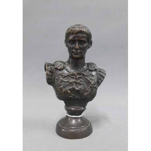 112 - Bronze patinated Roman Emperor style bust, on a socle base, 17cm high