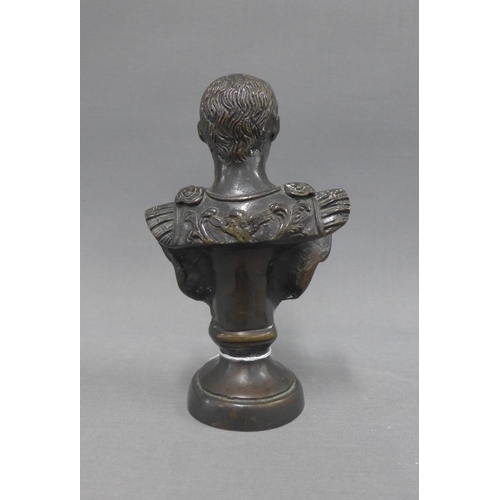 112 - Bronze patinated Roman Emperor style bust, on a socle base, 17cm high