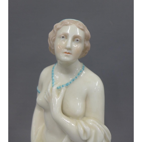 114 - Cream glazed Parian ware figure of a classical female, on a circular base, 35cm