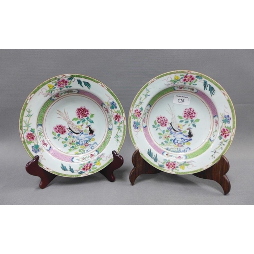 115 - A pair of Chinese 18th century famille verte bowls, with Cockerel pattern, 23cm (2)