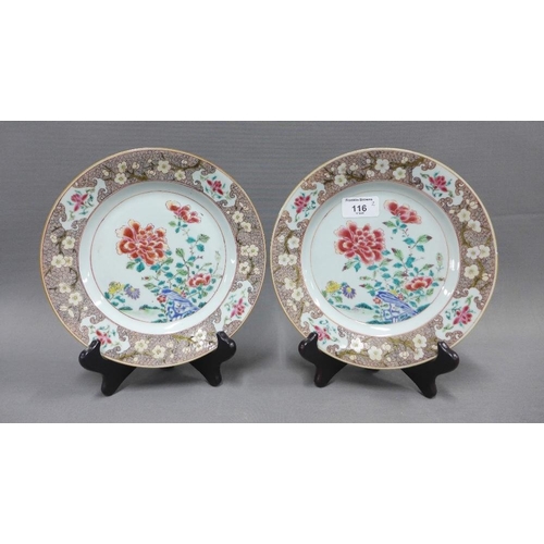 116 - A pair of Chinese 18th century porcelain plates painted with flowers and blossom branch border, 22cm... 