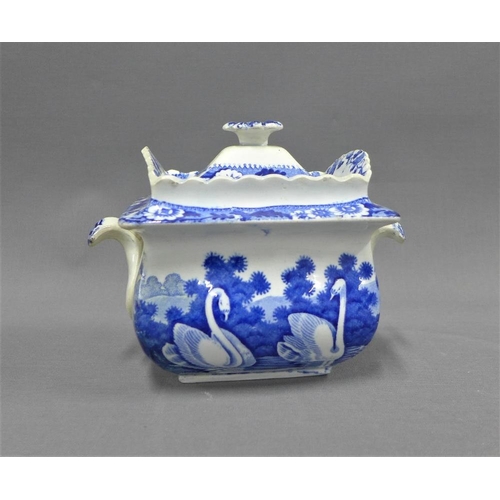 118 - Stone China blue and white transfer printed Swans pattern sugar box and cover, 14cm