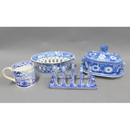 120 - 19th century Staffordshire blue and white transfer printed pottery to include a Spode basket, Cauldo... 