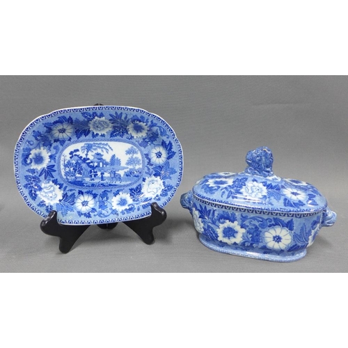 120 - 19th century Staffordshire blue and white transfer printed pottery to include a Spode basket, Cauldo... 