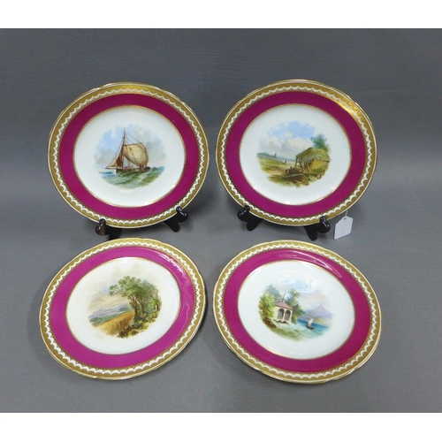 122 - Set of four Minton porcelain cabinet plates, with landscape scenes within puce and gilt borders, imp... 