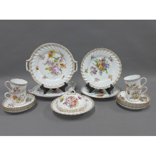 123 - Collection of Dresden floral patterned table wares to include two cake plates, muffin dish and cover... 