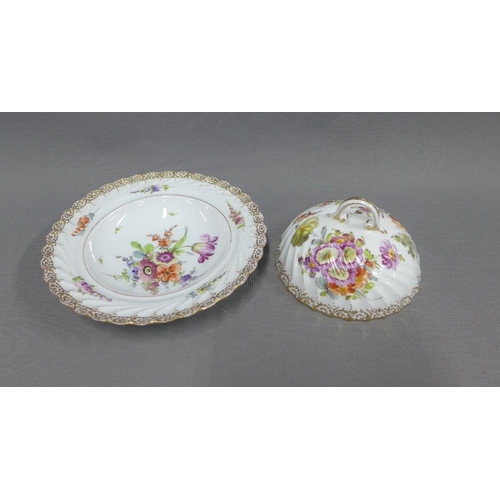 123 - Collection of Dresden floral patterned table wares to include two cake plates, muffin dish and cover... 