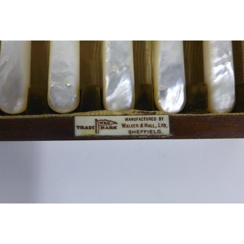 68 - Early 20th century Epns and mother of pearl handled fruit knives and forks, with Sheffield silver mo... 