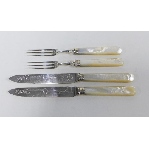 68 - Early 20th century Epns and mother of pearl handled fruit knives and forks, with Sheffield silver mo... 