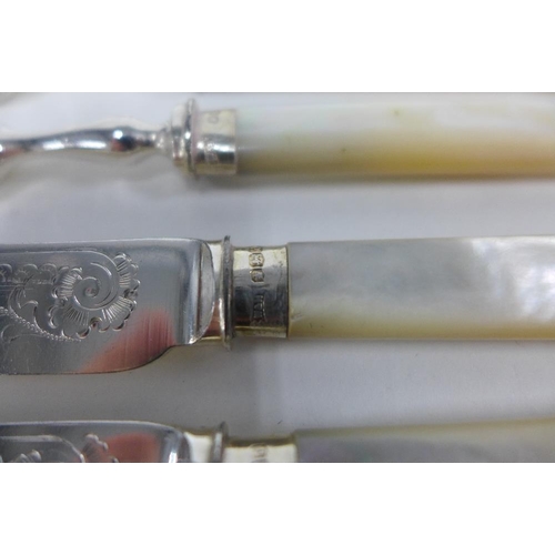 68 - Early 20th century Epns and mother of pearl handled fruit knives and forks, with Sheffield silver mo... 