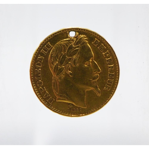 72 - French Napoleon III gold 20 Francs coin, dated 1867, with a drill hole