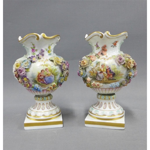 82 - Pair of Carl Thieme floral encrusted porcelain vases with gilt edged wavy rims and hand painted pane... 