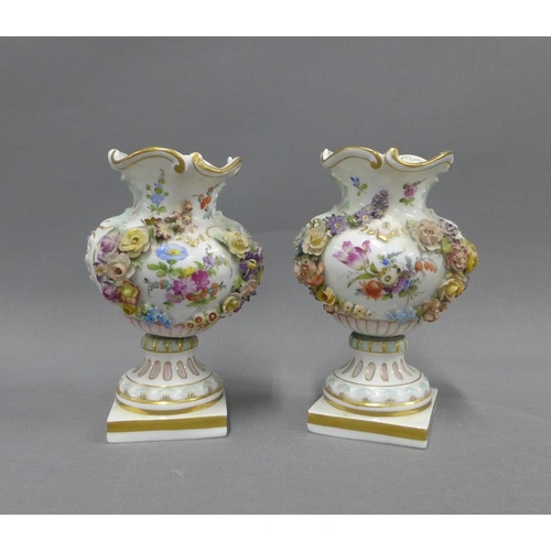 82 - Pair of Carl Thieme floral encrusted porcelain vases with gilt edged wavy rims and hand painted pane... 