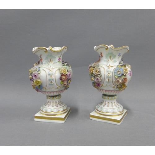 82 - Pair of Carl Thieme floral encrusted porcelain vases with gilt edged wavy rims and hand painted pane... 