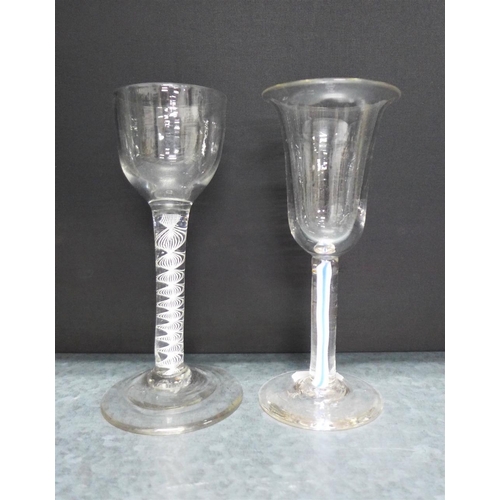 85 - Two cordial glasses, one with an opaque spiral twist stem the other with a trumpet bowl and red, whi... 