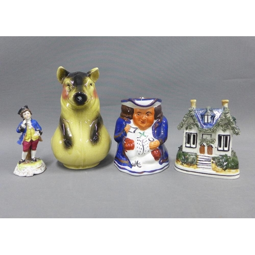 89 - Mixed lot to  include a Staffordshire cottage pastille burner, Allertons Toby jug, continental porce... 