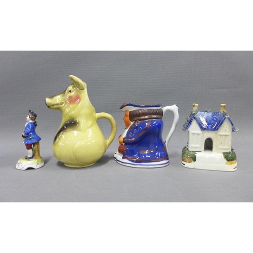 89 - Mixed lot to  include a Staffordshire cottage pastille burner, Allertons Toby jug, continental porce... 