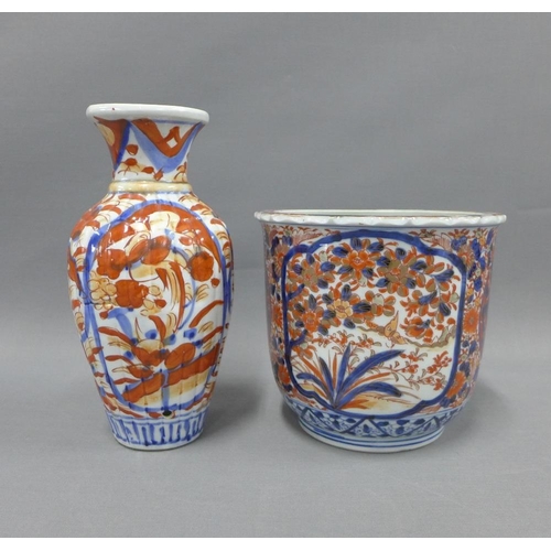 90 - Imari jardiniere planter, 16cm,  and a baluster vase (drilled for use as a table lamp) , (2)